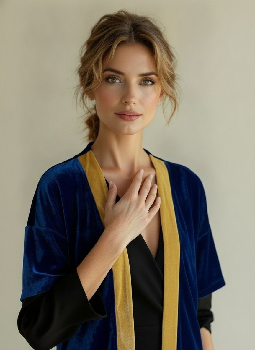 Kimono Corto Terciopelo Azulino Borde Amarillo