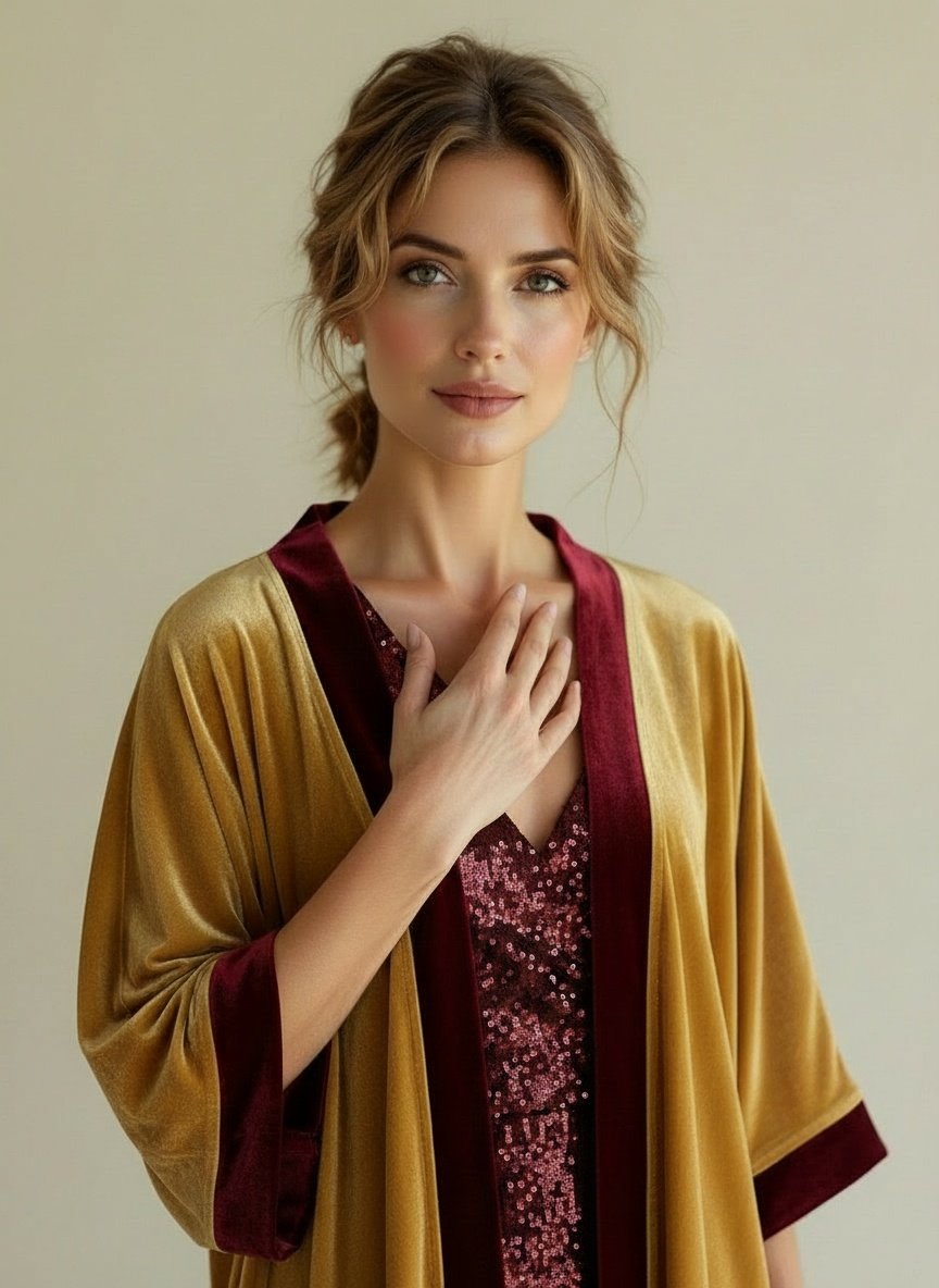 Kimono Corto Terciopelo Dorado Borde Burdeo