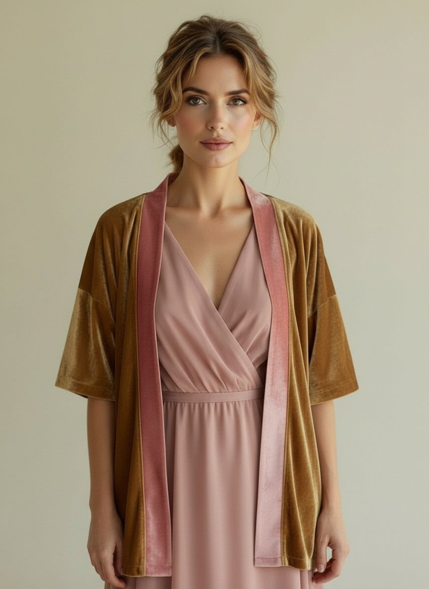 Kimono Corto Terciopelo Dorado Borde Rosado