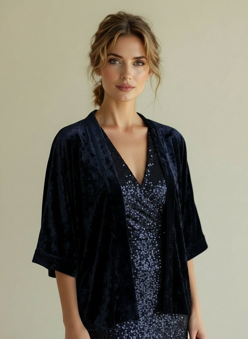 Kimono Corto Terciopelo Martillado Azul Marino