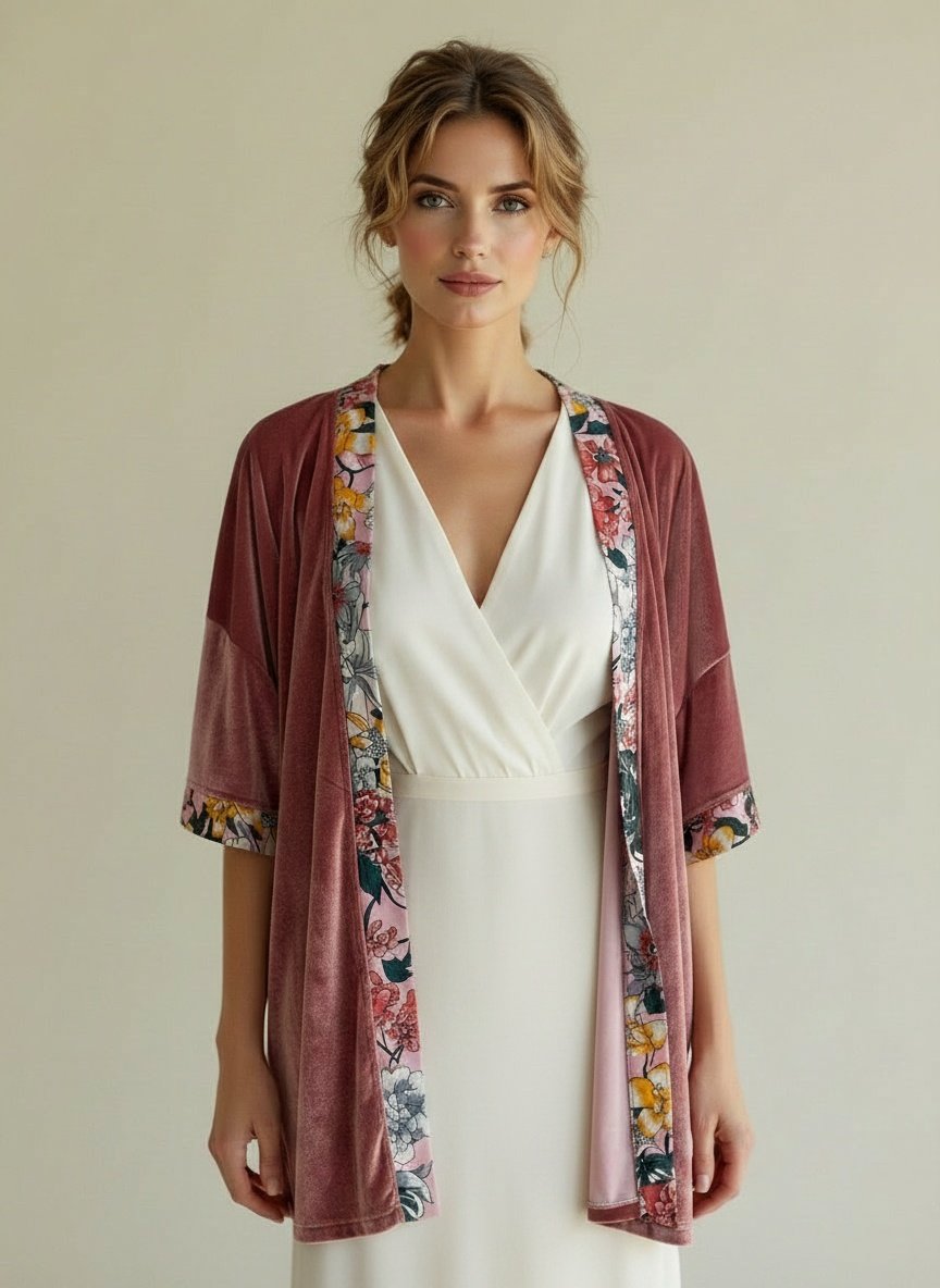 Kimono Corto Terciopelo Rosado Borde Viscosa Floreada