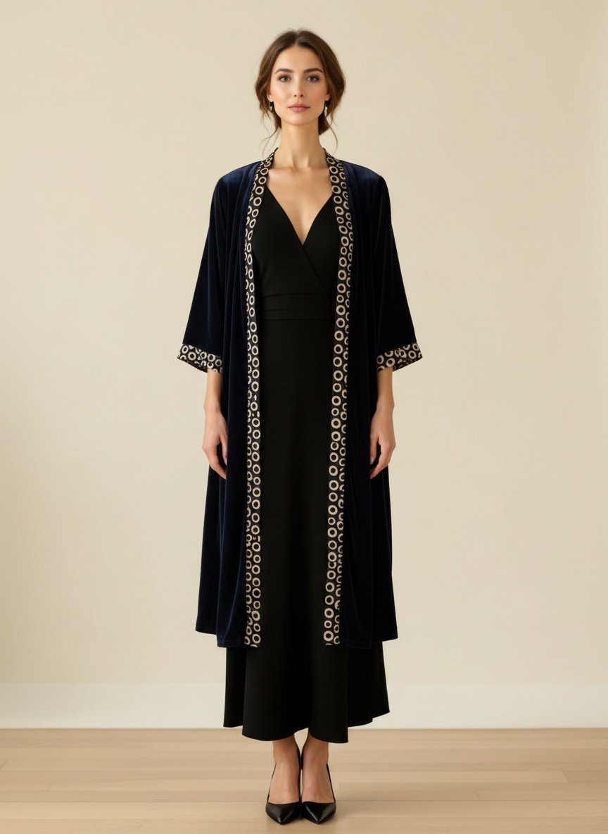 Kimono Largo Terciopelo Azul Marino Círculos