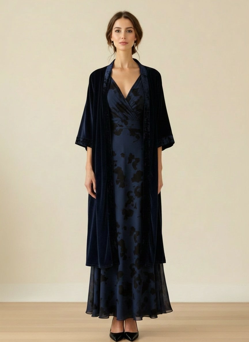 Kimono Largo Terciopelo Azul Marino Martillado