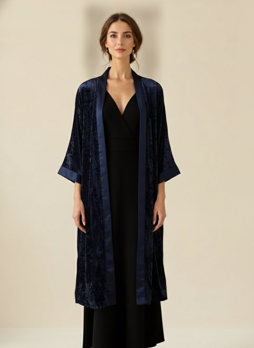 Kimono Largo Terciopelo Azul Martillado
