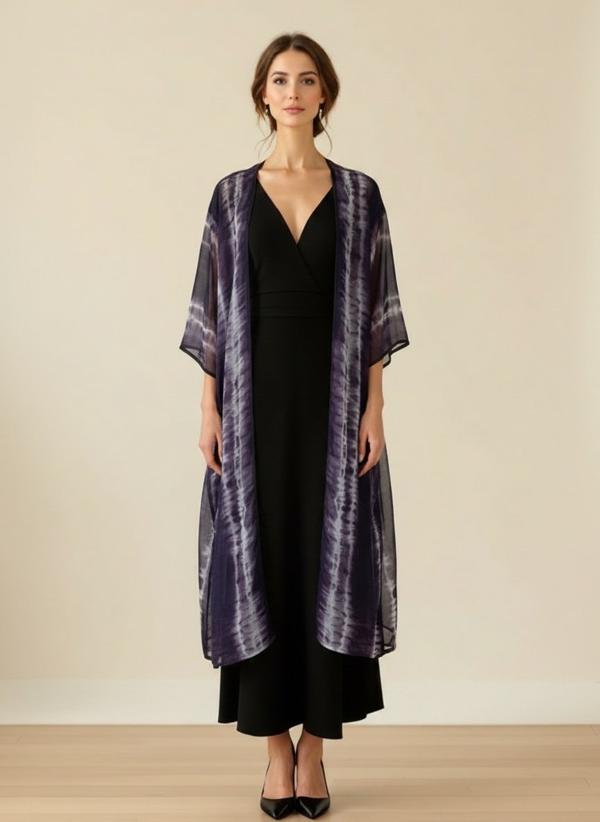 Kimono Largo Gasa Estampada Morada