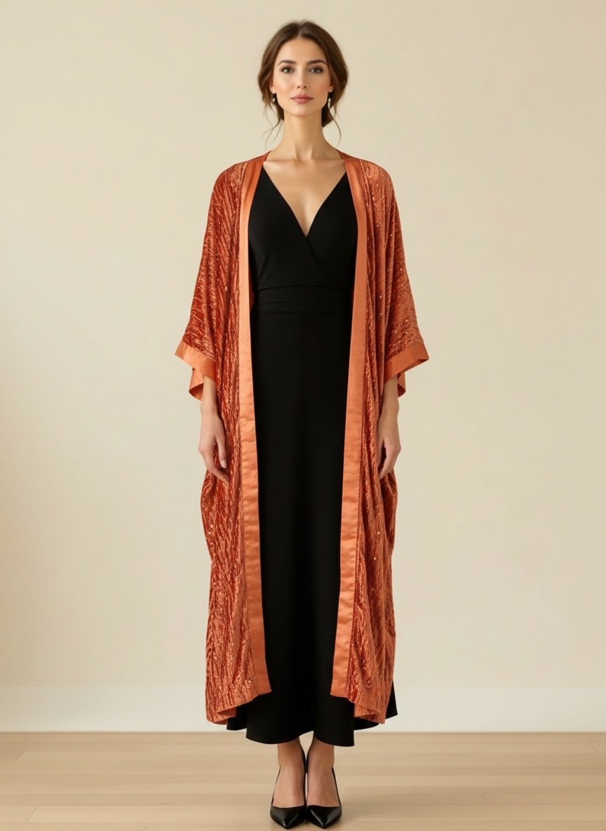 Kimono Largo Terciopelo Naranjo Lentejuelas