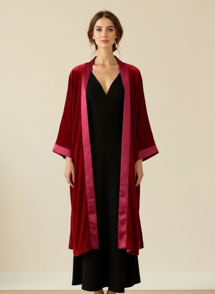 Kimono Largo Terciopelo Rojo Borde Fucsia